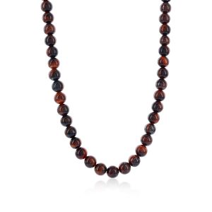 Stainless Steel, 8mm Bead Necklace - Red Tiger Eye