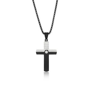 Stainless Steel, CZ Cross Necklace - Silver & Black