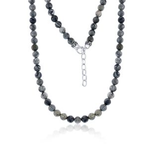 Stainless Steel, 8mm Bead Necklace - Gray Jasper