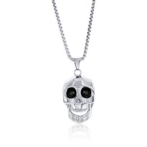 Stainless Steel Skull Necklace, Black CZ Eyes