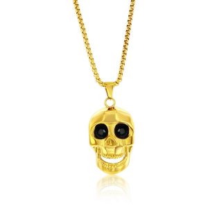 Stainless Steel Skull Necklace, Black CZ Eyes - Gold Plated