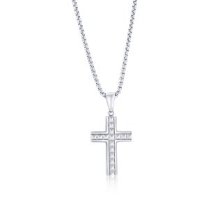 Stainless Steel, Textured Pyramid Style Cross Necklace