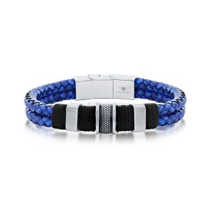 Stainless Steel Double Strand Genuine Leather Bracelet - Blue