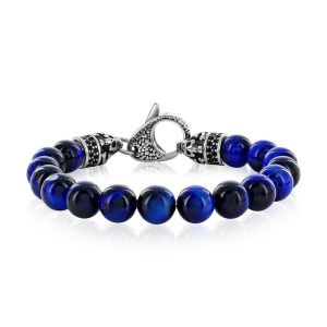Stainless Steel Genuine 10mm Bead Bracelet, w/Black CZ - Blue Tiger Eye