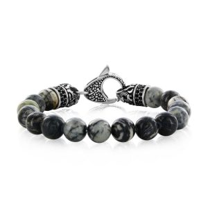 Stainless Steel Genuine 10mm Bead Bracelet, w/Black CZ - Gray Jasper