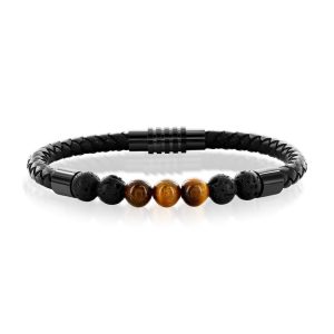 Stainless Steel Genuine Bead Leather Bracelet - Tiger Eye