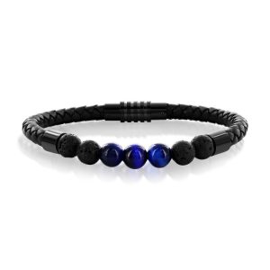 Stainless Steel Genuine Bead Leather Bracelet - Blue Tiger Eye