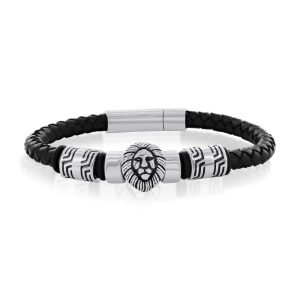 Stainless Steel Oxidized Lion, Genuine Leather Bracelet