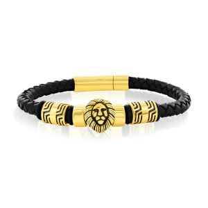 Stainless Steel Oxidized Lion, Genuine Leather Bracelet - Gold Plated