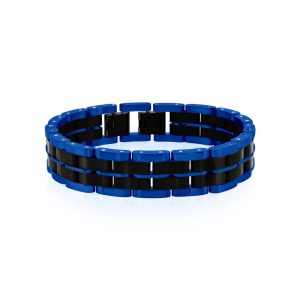 Stainless Steel, Two-Tone Double Striped Linked Bracelet - Black & Blue