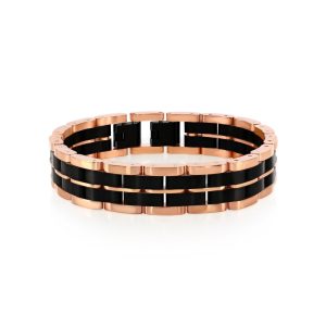Stainless Steel, Two-Tone Double Striped Linked Bracelet - Black & Rose Gold