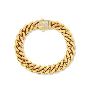 Stainless Steel, 12mm Miami Cuban, CZ Lock Bracelet - Gold Plated