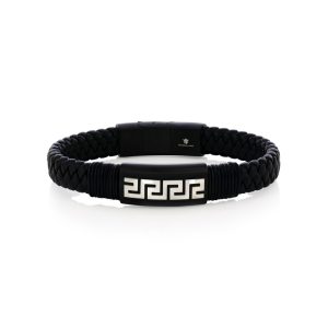 Stainless Steel, Braided Leather Greek Key Bracelet - Black