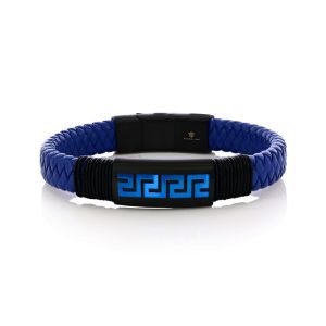 Stainless Steel, Braided Leather Greek Key Bracelet - Blue