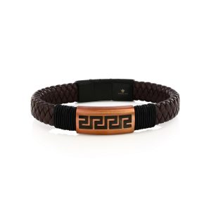 Stainless Steel, Braided Leather Greek Key Bracelet - Brown