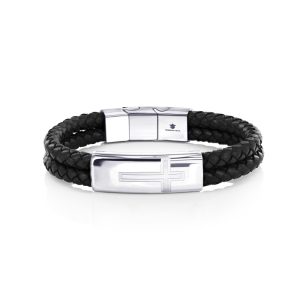Stainless Steel, Double Leather Strand, Cross Design Bracelet - Black & Silver