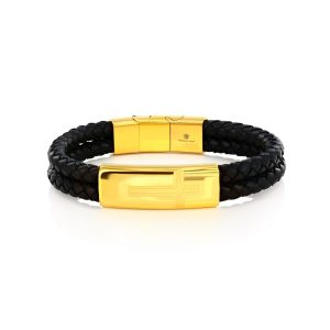 Stainless Steel, Double Leather Strand, Cross Design Bracelet - Black & Gold
