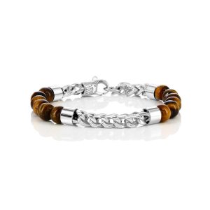 Stainless Steel, 8mm Genuine Bead & Chain Bracelet - Tiger Eye