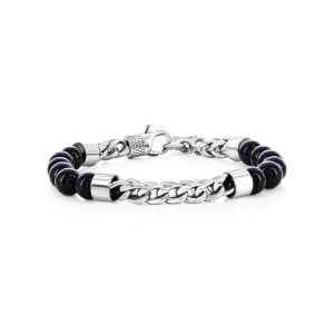 Stainless Steel, 8mm Genuine Bead & Chain Bracelet - Onyx