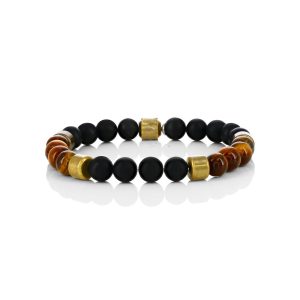Stainless Steel, 8mm Genuine Bead Bracelet - Tiger Eye & Onyx