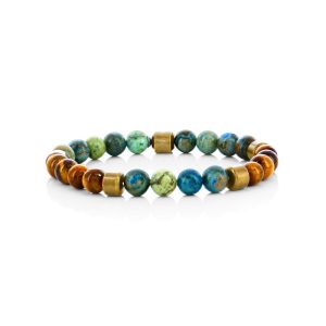 Stainless Steel, 8mm Genuine Bead Bracelet - Blue Crazy Lace & Tiger Eye