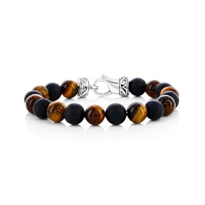Stainless Steel, 10mm Alternating Genuine Bead Bracelet - Tiger Eye & Onyx