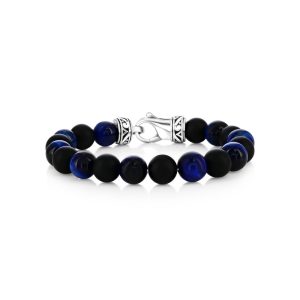 Stainless Steel, 10mm Alternating Genuine Bead Bracelet - Blue Tiger Eye & Onyx