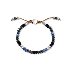Stainless Steel, 6mm Genuine Bead Adjustable Bracelet - Onyx & Lapis