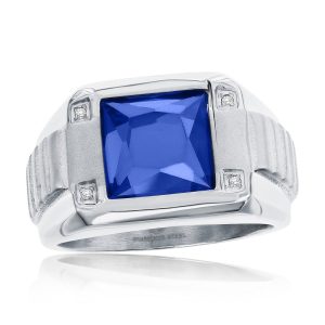 Stainless Steel Square CZ Ring - Genuine Blue Spinel