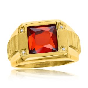 Stainless Steel Square CZ Ring - Genuine Red Spinel - Gold Plated
