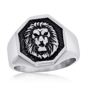 Stainless Steel Oxidized Lion Octagon Ring