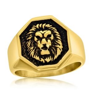 Stainless Steel Oxidized Lion Octagon Ring - Gold Plated