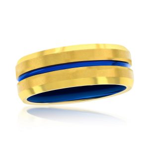Gold & Blue Stripe Tungsten Ring - Matte & Polished