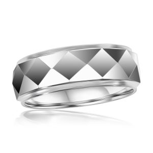 High Polished Diamond Design Faceted Tungsten Ring