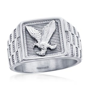 Stainless Steel, Square Textured, Eagle Design Ring