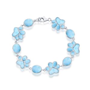 Sterling Silver, Alternating Oval & Paw Print Larimar Bracelet