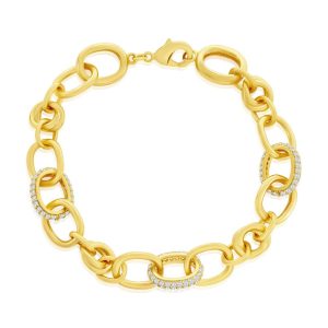 Sterling Silver, Micro Pave CZ & Polished Oval Linked Bracelet - Gold Plated