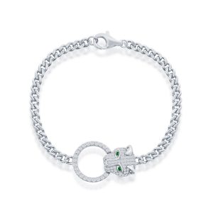 Sterling Silver, CZ Emerald Eyes Panther, Circle CZ Bracelet
