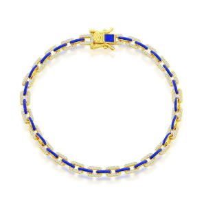 Sterling Silver Navy Enamel & CZ Paperclip Bracelet - Gold Plated