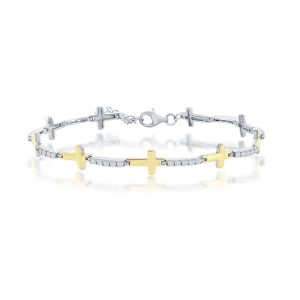 Sterling Silver, Sideways Cross & CZ Bracelet - Gold Plated