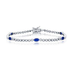 Sterling Silver, Beaded Outline Round & Oval CZ Bracelet - Sapphire