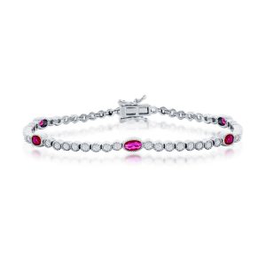 Sterling Silver, Beaded Outline Round & Oval CZ Bracelet - Ruby