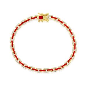 Sterling Silver Red Enamel & CZ Link Bracelet - Gold Plated