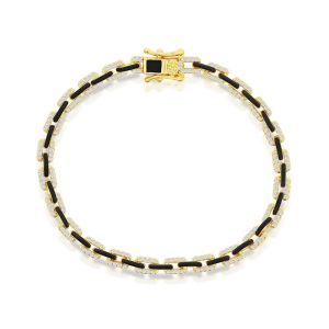 Sterling Silver, Black Enamel & CZ Link Bracelet - Gold Plated