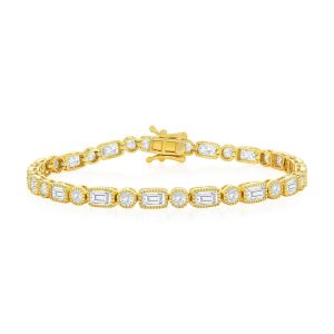 Sterling Silver, Round & Rectangle CZ Bracelet - Gold Plated