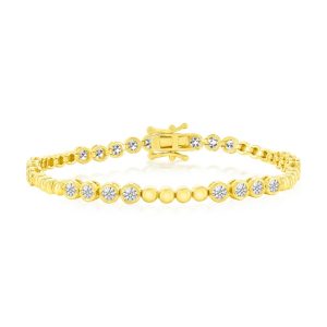 Sterling Silver, Round 3mm Bezel-Set CZ & Bead Bracelet - Gold Plated