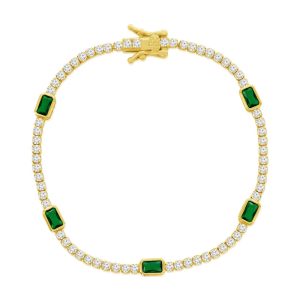 Sterling Silver, Rectangle Bezel-Set & Round CZ Gold Plated Bracelet - Emerald