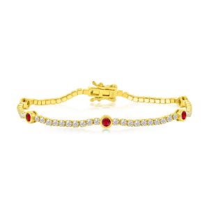 Sterling Silver, Bezel-Set CZ Gold Plated Bracelet - Ruby
