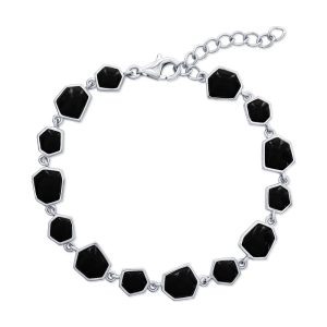 Sterling Silver, Irregular Shaped Link Bracelet - Onyx