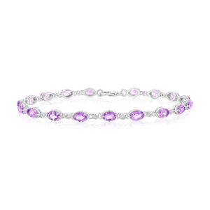 Sterling Silver, Oval 3.99ct Amethyst & 0.11ct White Topaz, Beaded Outline Gem Bracelet